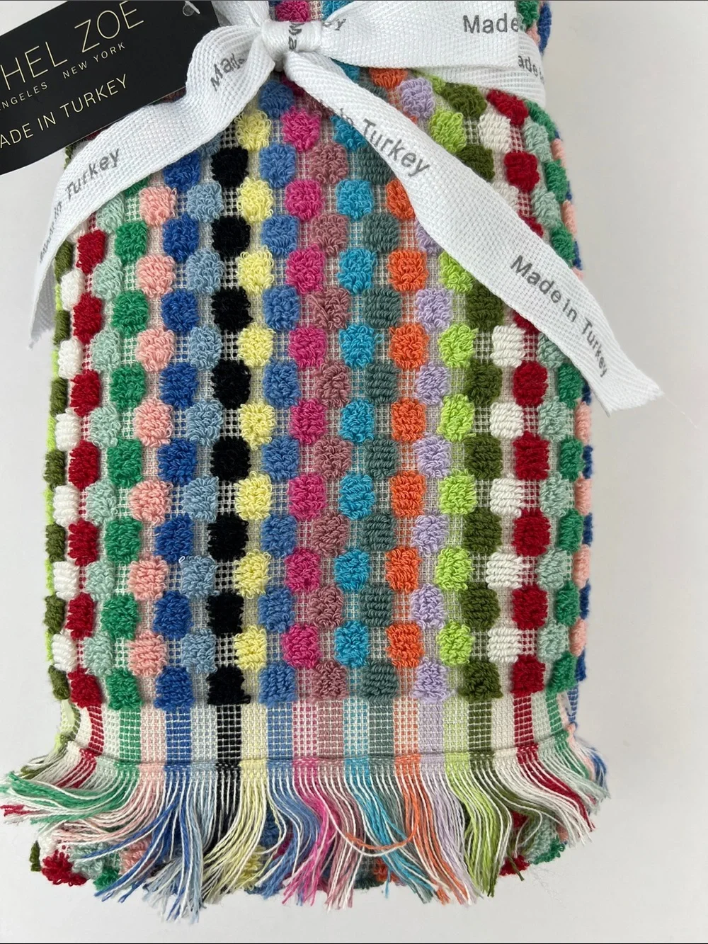 Rachel Zoe Hand Towels Multicolor Stripe Dots Fringe Colorful 2 Pcs NEW
